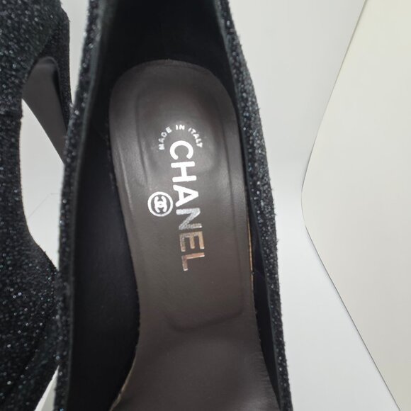 Chanel Platform Platform Pumps Sparkly Pebbled Texture Cap Toe Black/Grey 40 - Picture 9 of 16